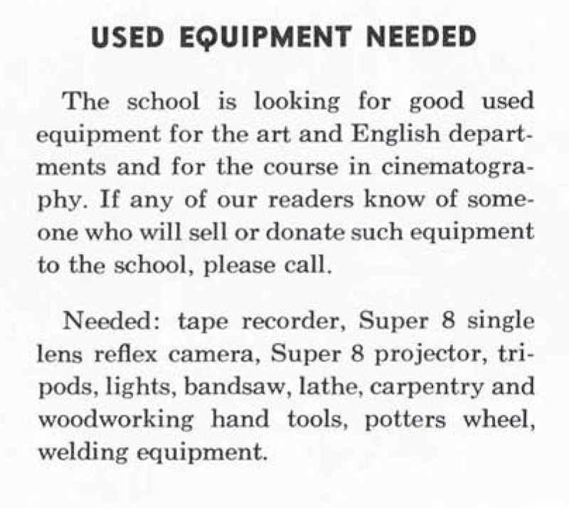 A plea for used video equipment from the October 1970 Lakeside News Bulletin, October, 1970.